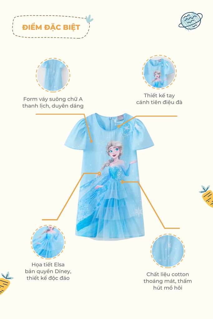 Đầm váy công chúa Elsa thô ngắn tay bé gái Rabity 550.003