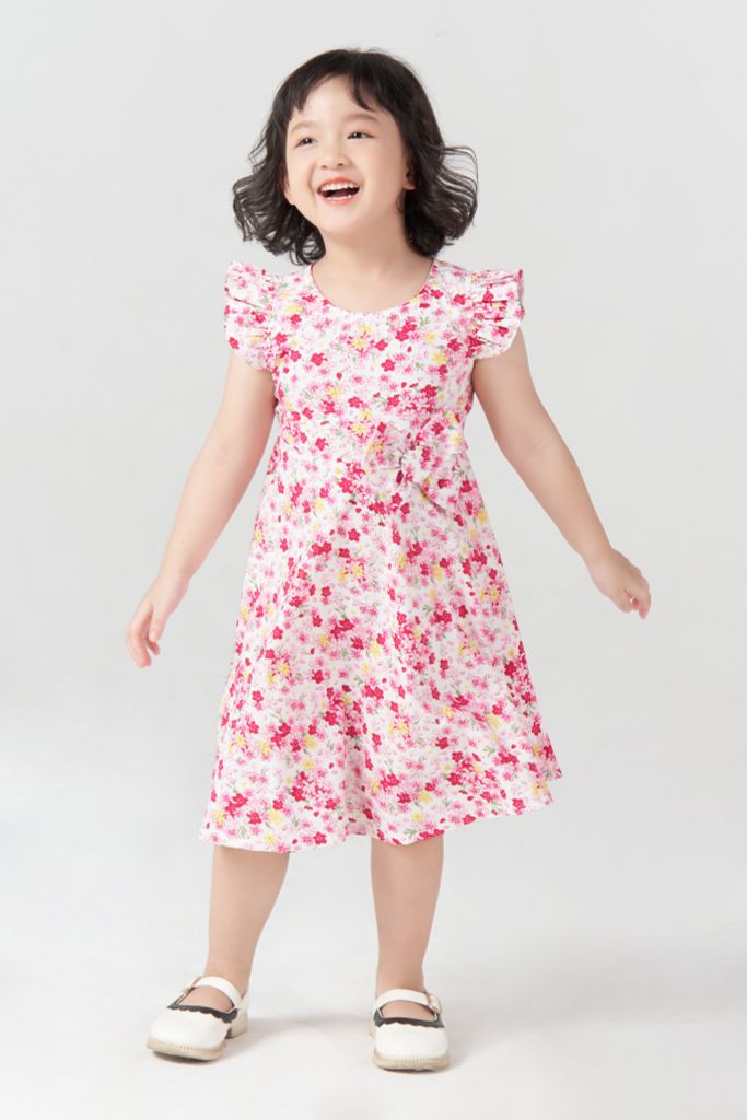 Đầm váy Hoa Gắn Nơ thô ngắn tay bé gái Rabity 92471