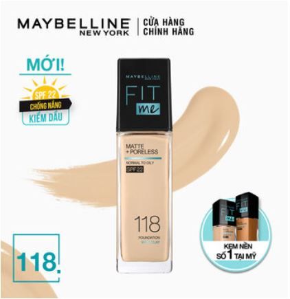 Kem Nền Maybelline New York Fit Me Matte+ Poreless Kiềm Dầu Chống Nắng Spf22 30ml .#118 Light Beige