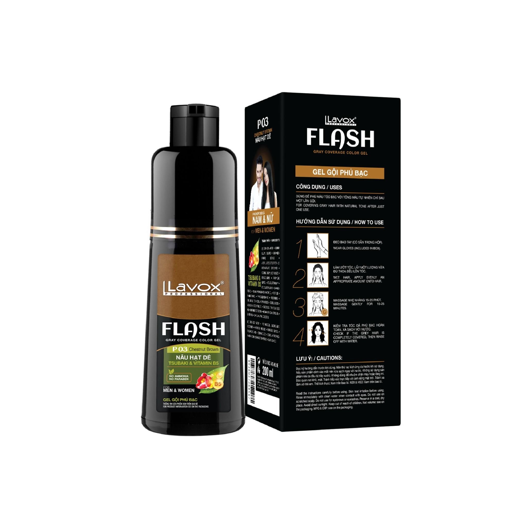 Gel Gội Phủ Bạc Tsubaki & Vtm B5 Lavox 200ml - P 03 Nâu Hạt Dẻ
