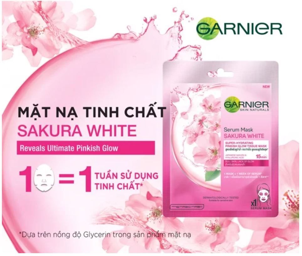 Mặt Nạ Garnier Tinh Chất Hoa Anh Đào Dưỡng Sáng, Mờ Thâm Sakura White Pinkish Glow Hydration Serum Mask 28ml