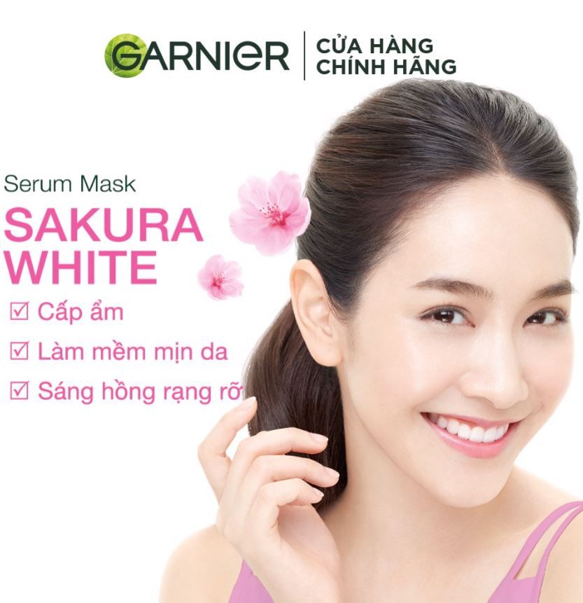 Mặt Nạ Garnier Tinh Chất Hoa Anh Đào Dưỡng Sáng, Mờ Thâm Sakura White Pinkish Glow Hydration Serum Mask 28ml
