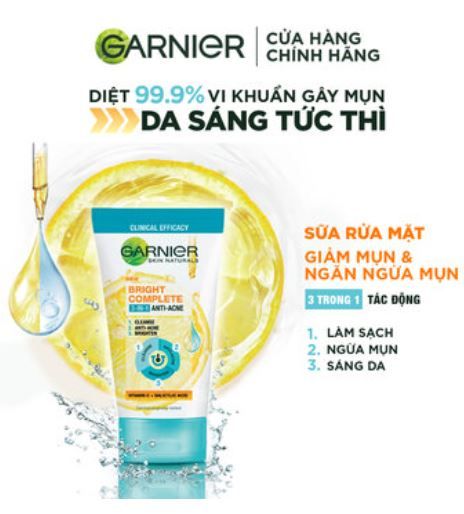 Sữa Rửa Mặt 3 Trong 1 Giảm Mụn & Sáng Da Garnier Bright Complete 3 In 1 Foam Anti Acne 90ml