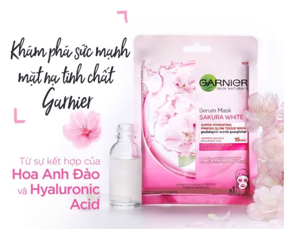 Mặt Nạ Garnier Tinh Chất Hoa Anh Đào Dưỡng Sáng, Mờ Thâm Sakura White Pinkish Glow Hydration Serum Mask 28ml