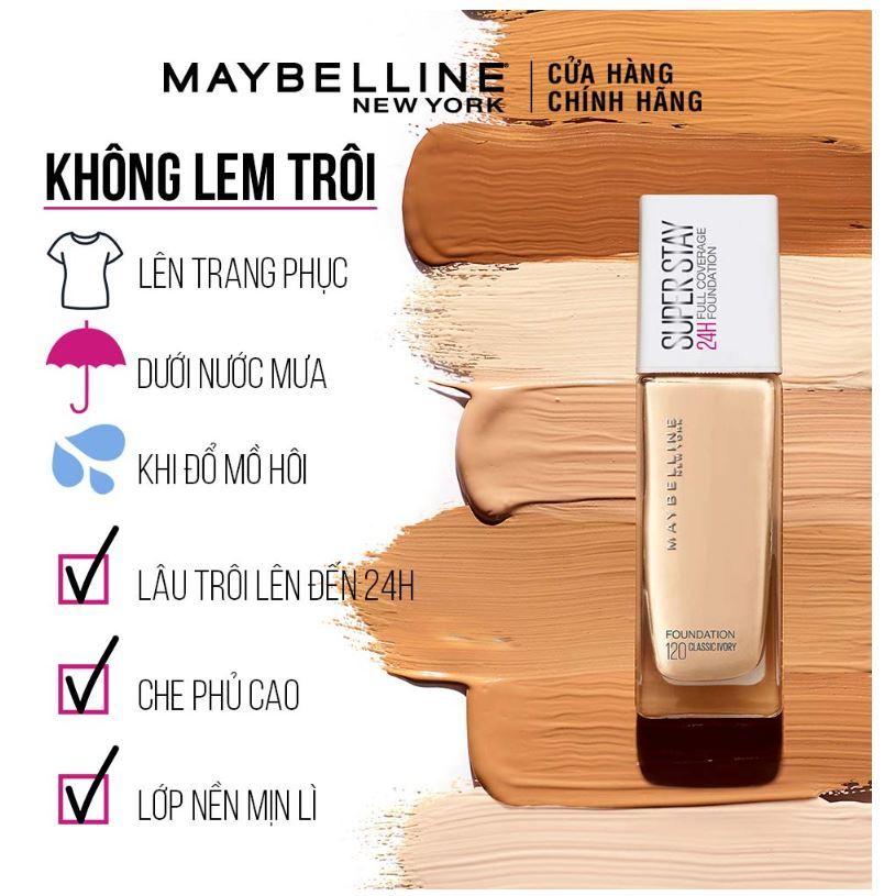 Kem Nền Lâu Trôi Maybelline Superstay 24H Full Coverage 30ml .#120 Classic Ivory