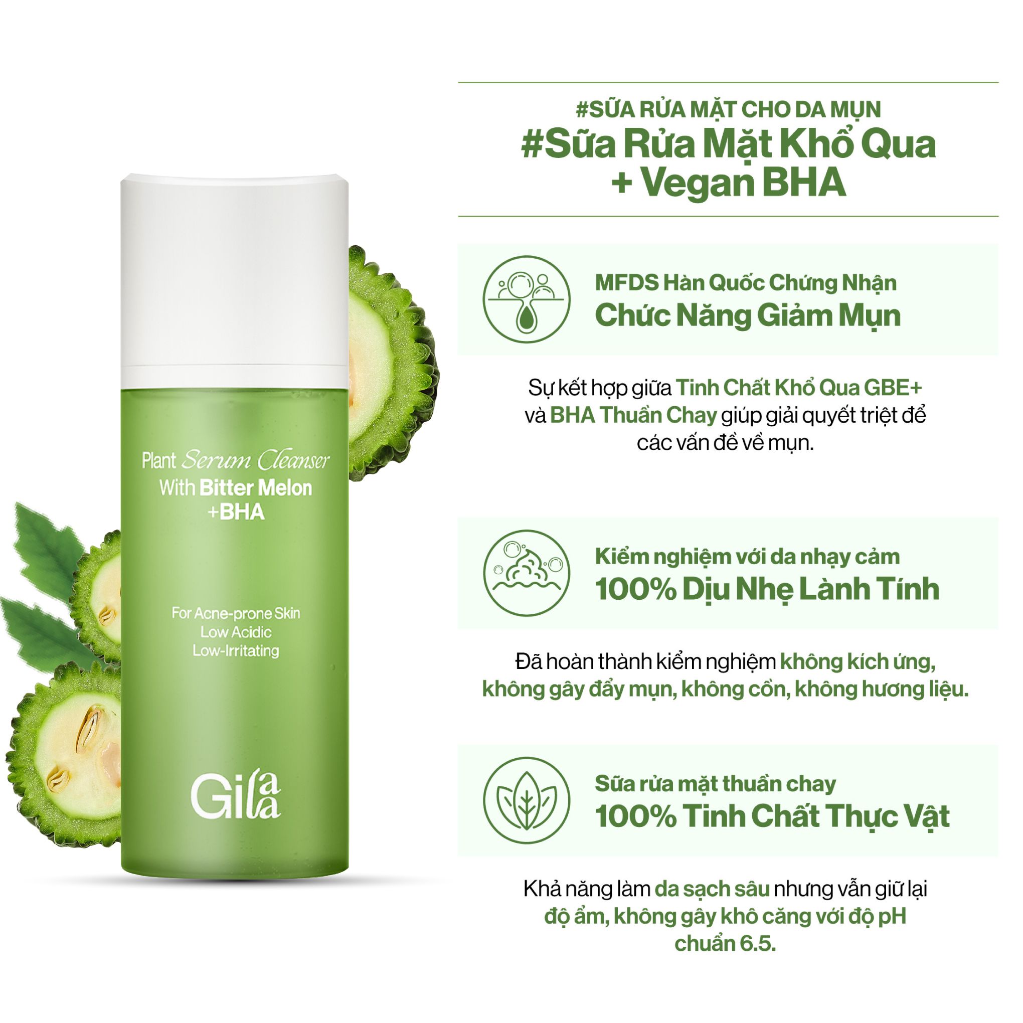 Sữa Rửa Mặt Gilaa (Plant Serum Cleanser With Bitter Melon + Bha, 160G)