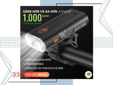 ĐÈN LED TRƯỚC - WEST BIKING WB322 - 2 BÓNG (1000 LUMEN, 4000mAh) - SẠC USB