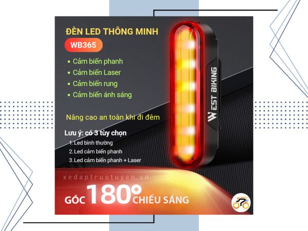 ĐÈN LED CỐT YÊN - WEST BIKING WB365 - MODEL CẢM ỨNG PHANH VÀ LASER - GẮN CỐT YÊN | DƯỚI YÊN (450mAh) - SẠC USB