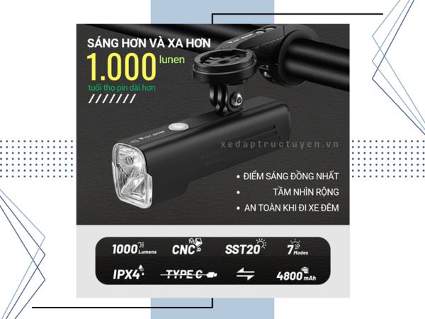 ĐÈN LED TRƯỚC - WEST BIKING WB388 - ĐÈN VUÔNG (1000 LUMEN, 4800mAh) - SẠC USB (KHÔNG KÈM MAO ĐÈN)