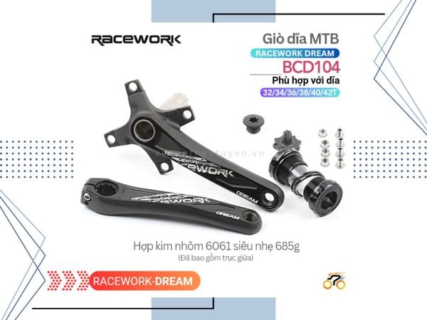 GIÒ KHÔNG DĨA MTB - RACEWORK DREAM - BCD 104 (KÈM TRỤC RỖNG)