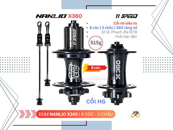 ĐÙM XE ĐẠP - HUB NANLIO X360 - MTB - CỐI HG (NỔ TO) - BẠC ĐẠN - 8 CÓC - THẮNG ĐĨA - LÍP THẢ - 32L (CẶP)