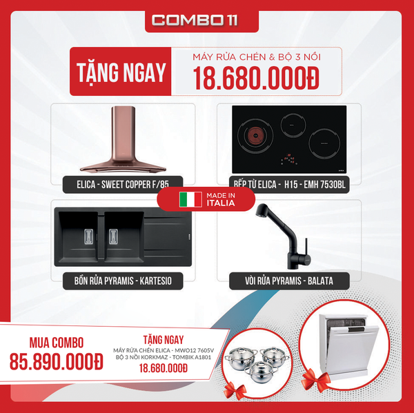 Combo 11 - Máy hút mùi  - Bếp điện từ - Bồn rửa chén  - Vòi rửa