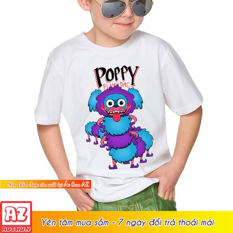  Áo thun in hình Pj Pug Poppy Playtime trẻ em màu xanh biển và trắng M3129 