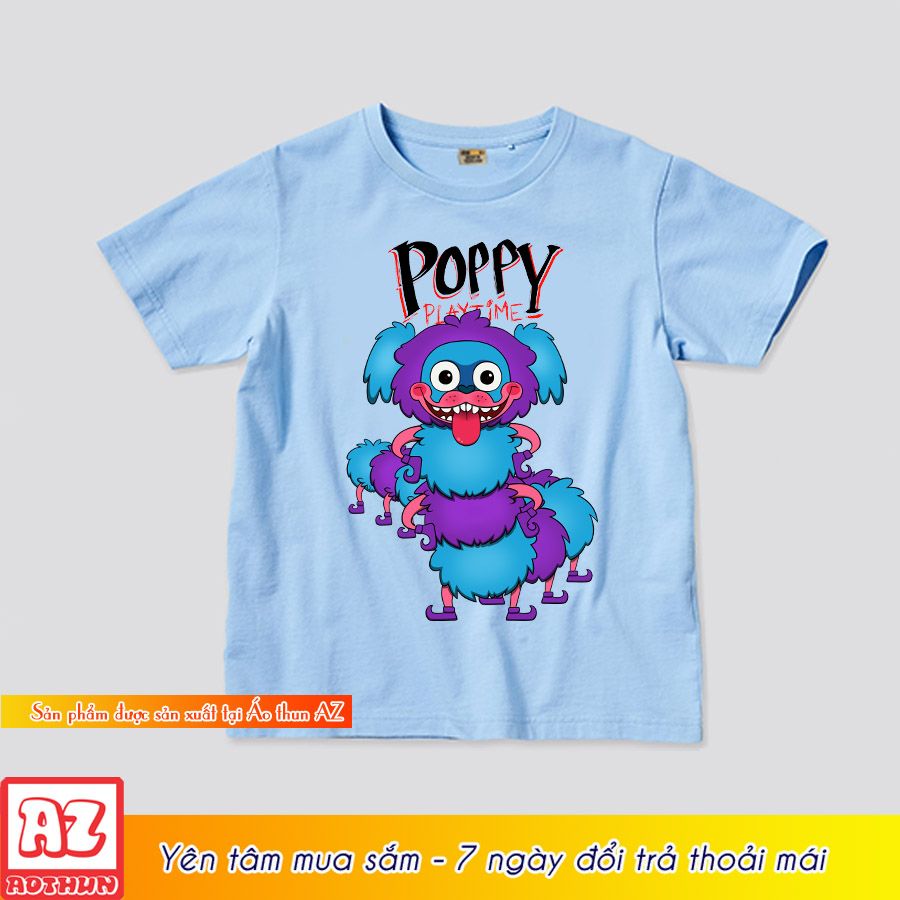 Áo thun in hình Pj Pug Poppy Playtime trẻ em màu xanh biển và trắng M3129