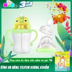 Bình đa năng 3 in 1 silicone cao cấp (tập bú - tập uống - tập ăn dặm) xanh lá