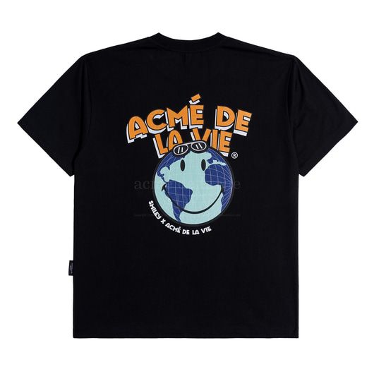  Áo thun - Acmé de la vie X Smiley® - GLOBE ARTWORK SHORT SLEEVE T-SHIRT BLACK 