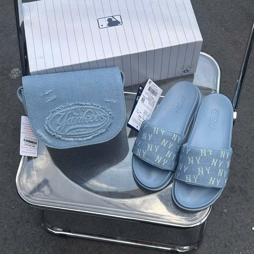 Dép MLB Korea - Mounder Denim Monogram Slide NY Yankees - 3ALPSDM53-50BLS