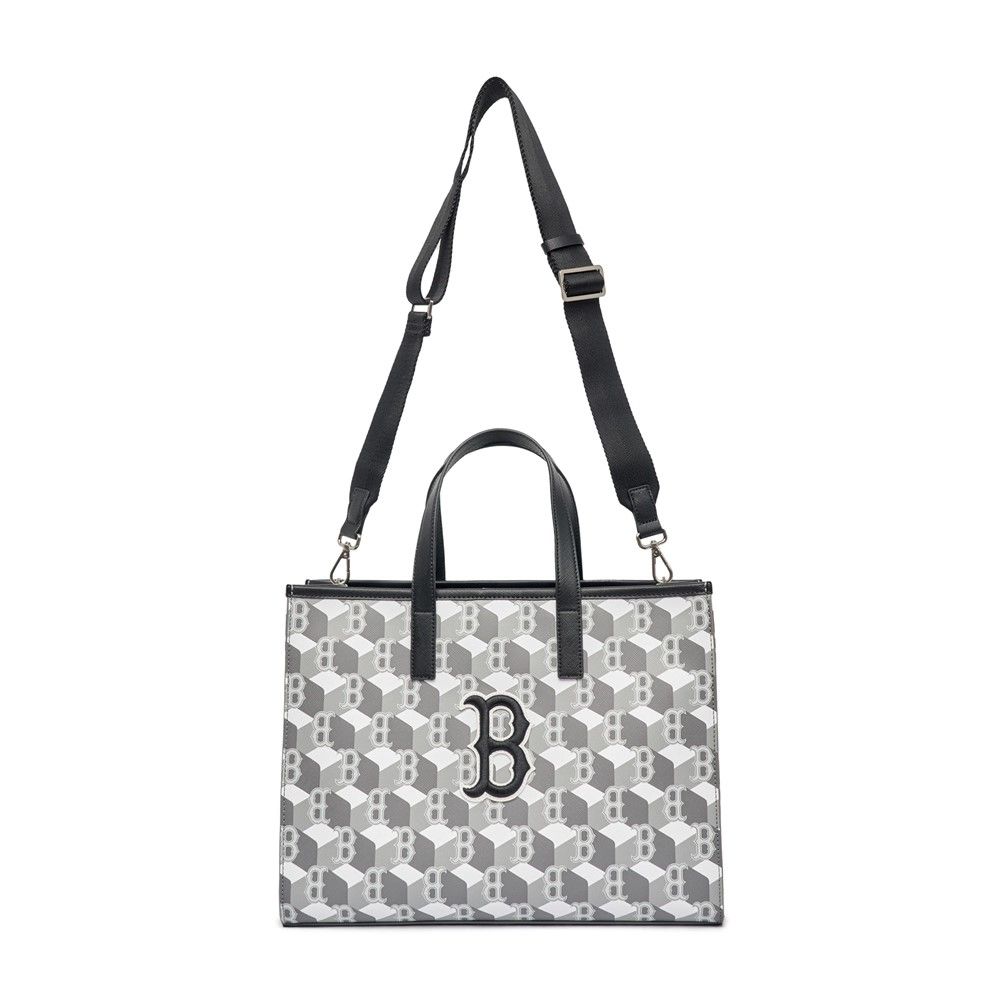 Túi Tote MLB Korea - Cube Monogram Medium Tote Bag Boston Red Sox Grey - 3AORM042N-43GRS