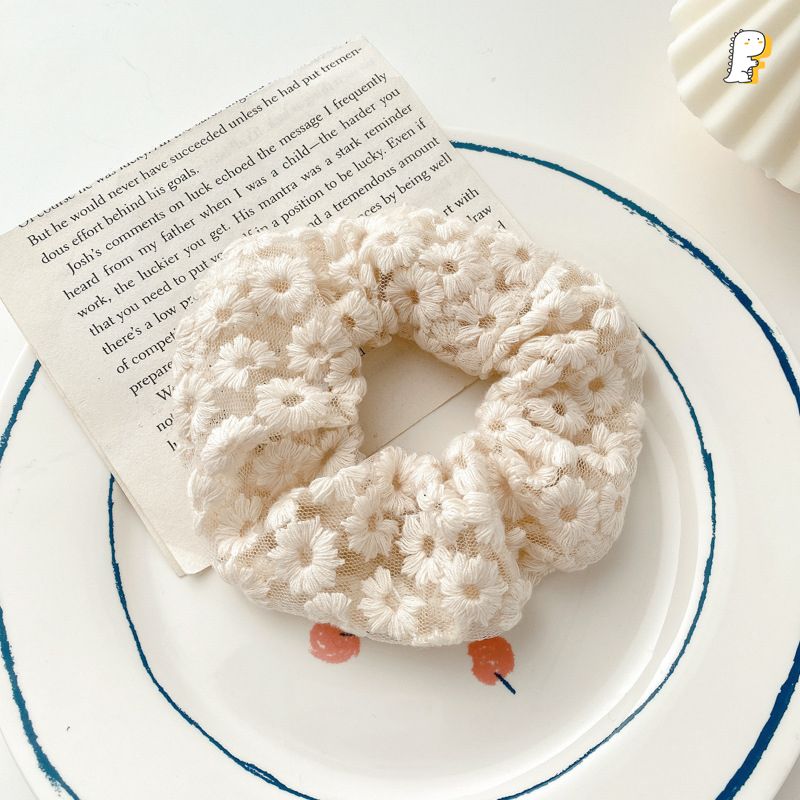 Scrunchies thun cột vải lưới thêu hoa