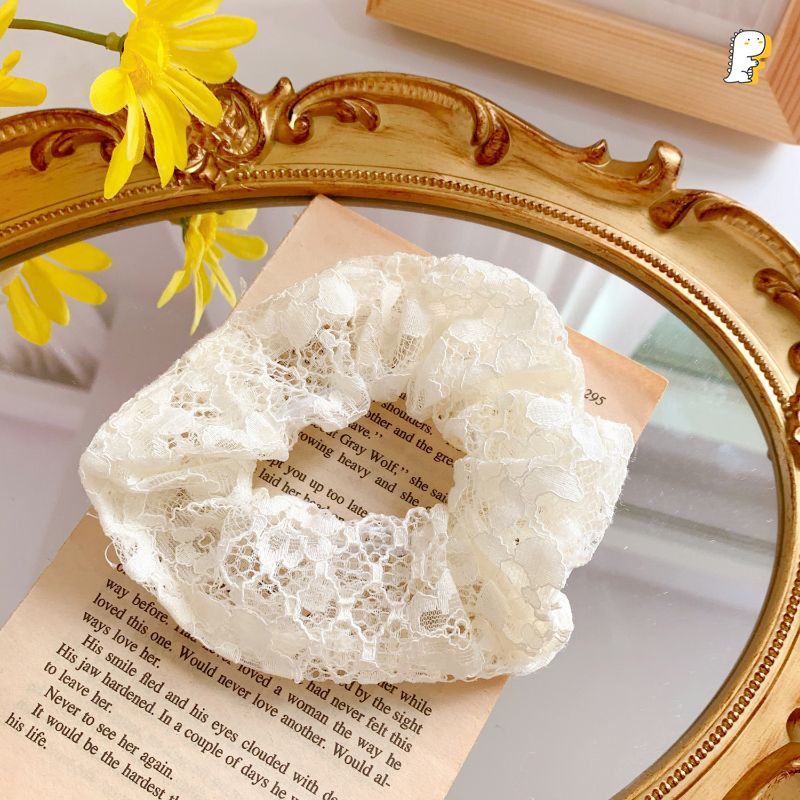 Scrunchies thun cột vải lưới thêu hoa