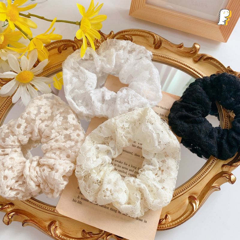 Scrunchies thun cột vải lưới thêu hoa