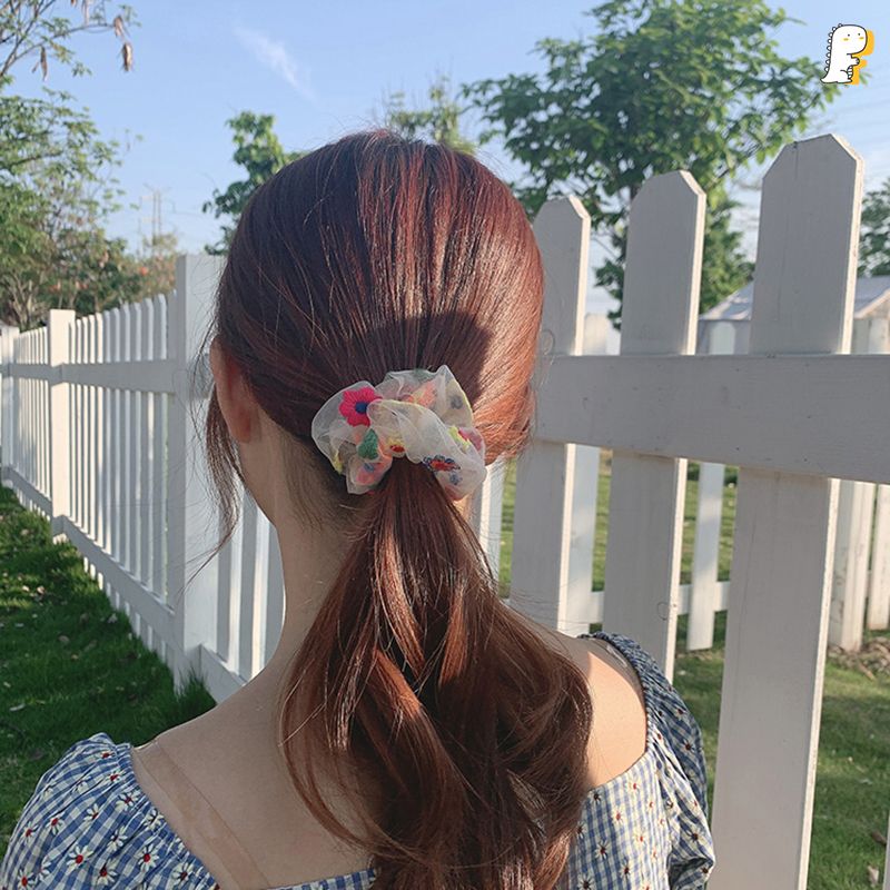 Thun cột tóc vải lưới thêu hoa nhiều màu