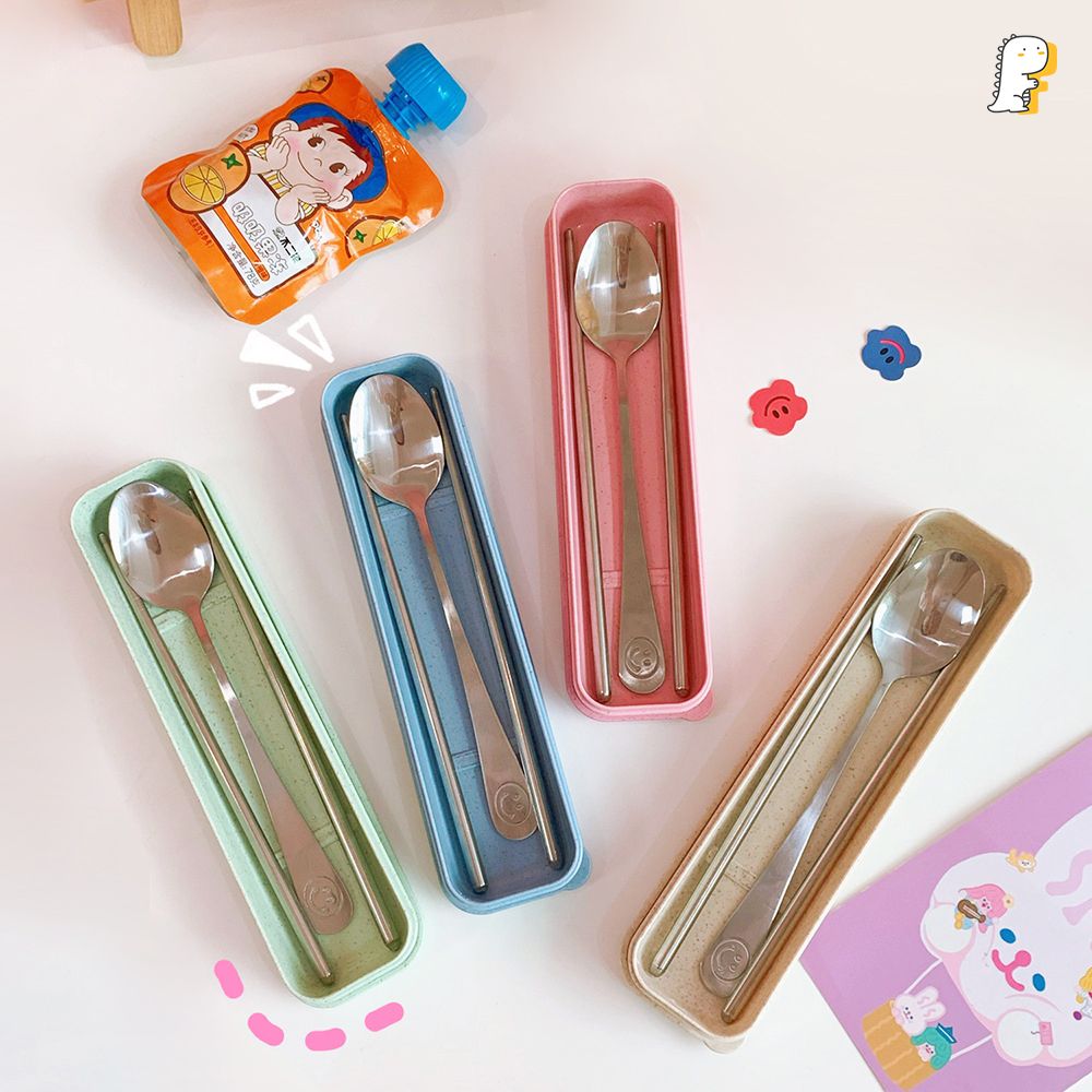 Set muỗng đũa inox hộp lúa mạch Gấu trắng