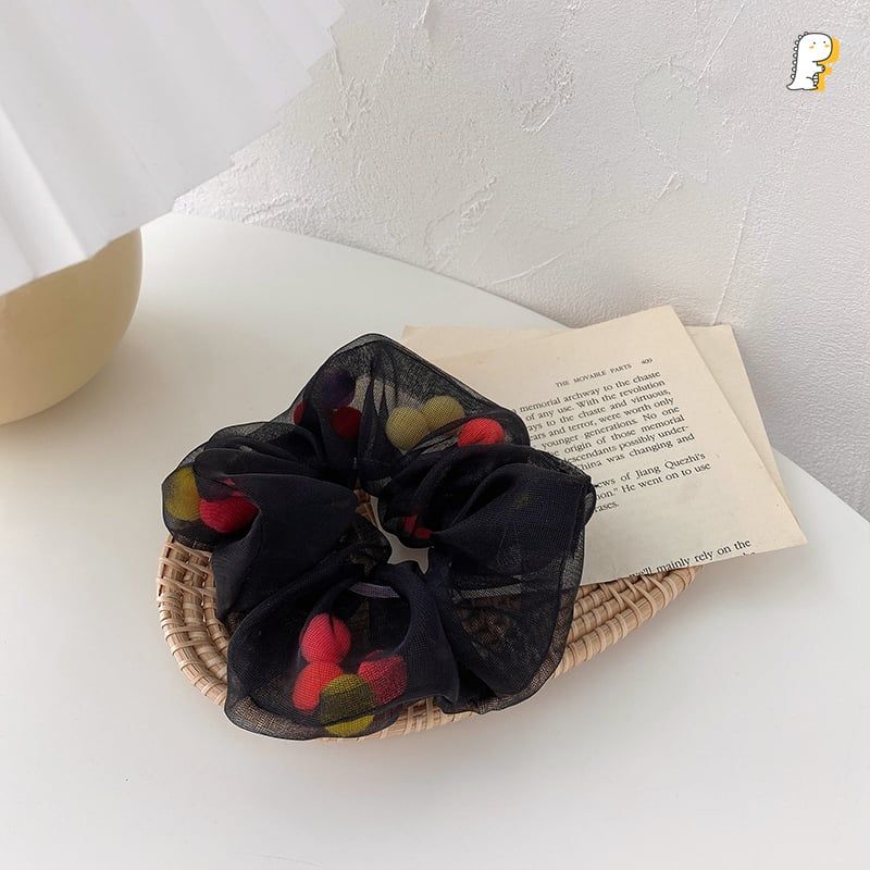 Scrunchies thun cột vải lưới có pom