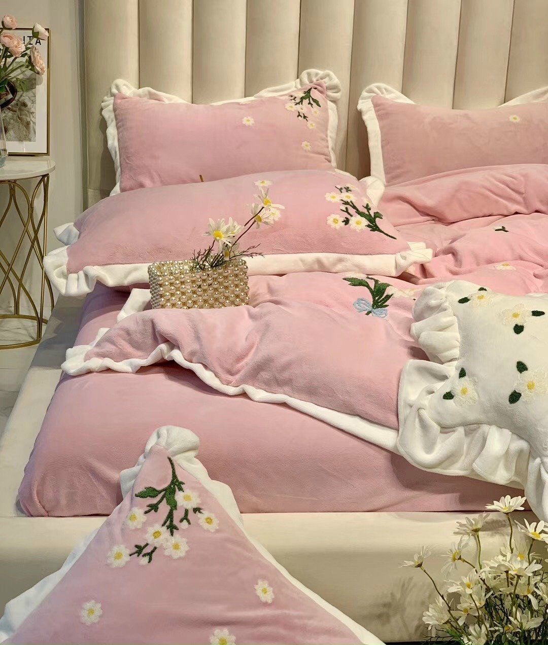 Set Chăn Ga Gối Nỉ Nhung thêu hoa cúc 4M