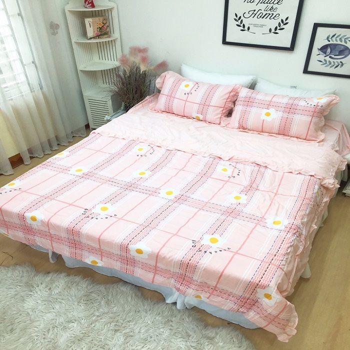 Bộ Chăn Ga Gối Đũi Bèo Trần Bông Hồng Trứng 4M Nhập Khẩu