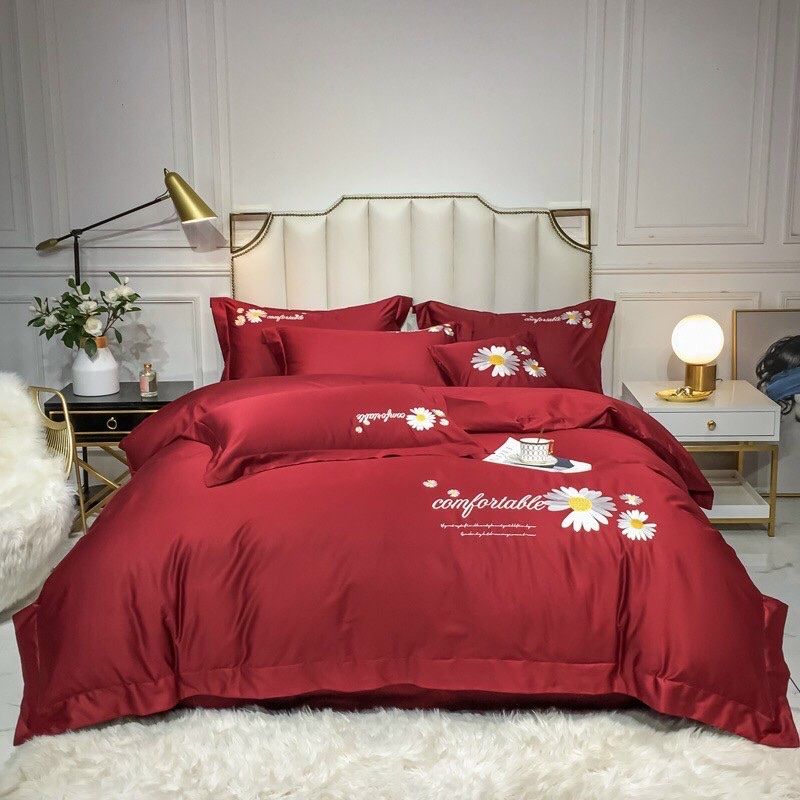 Set Chăn Ga Gối Cotton Lụa thêu Hoa Cúc