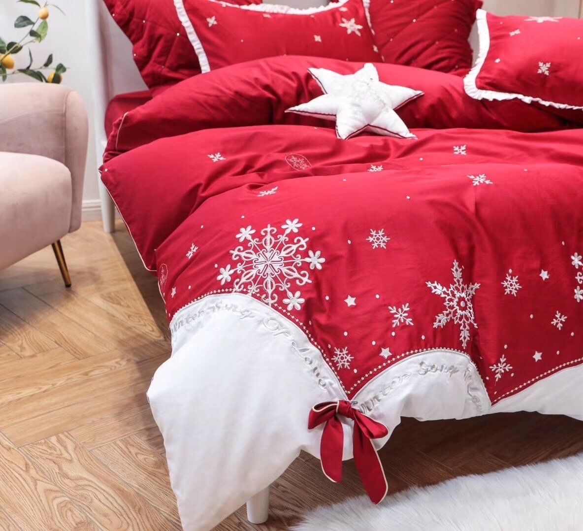 SET CHĂN GA GỐI LỤA BÔNG TUYẾT ĐỎ TRẮNG 6M