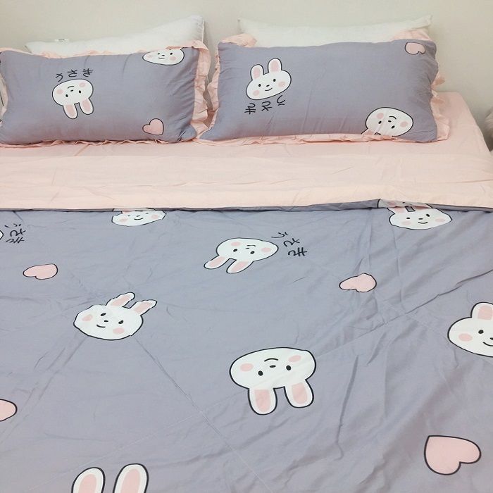 Bộ Chăn Ga Gối Đũi Bèo Trần Bông Hồng Xám Thỏ Cute 4 Món Nhập Khẩu