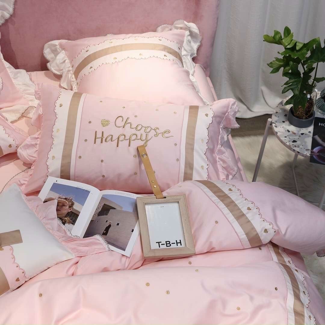 Set Chăn Ga Gối Lụa happy choose hồng công chúa 7 món