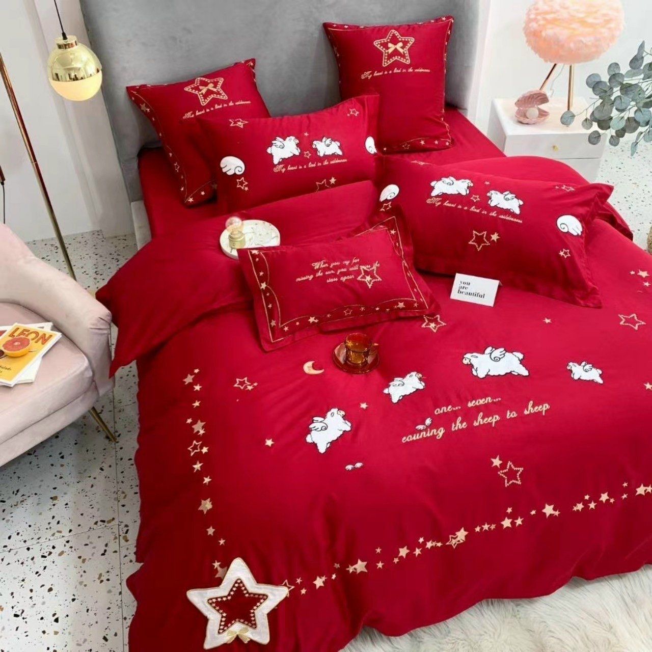 Set Chăn Ga Gối Lụa thêu cừu đỏ 7M