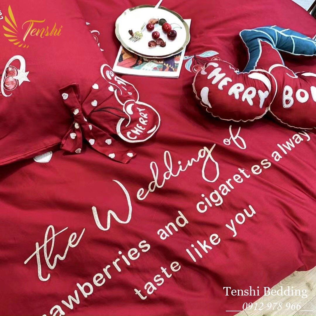 Set Chăn Ga Lụa Cherry đỏ 7m