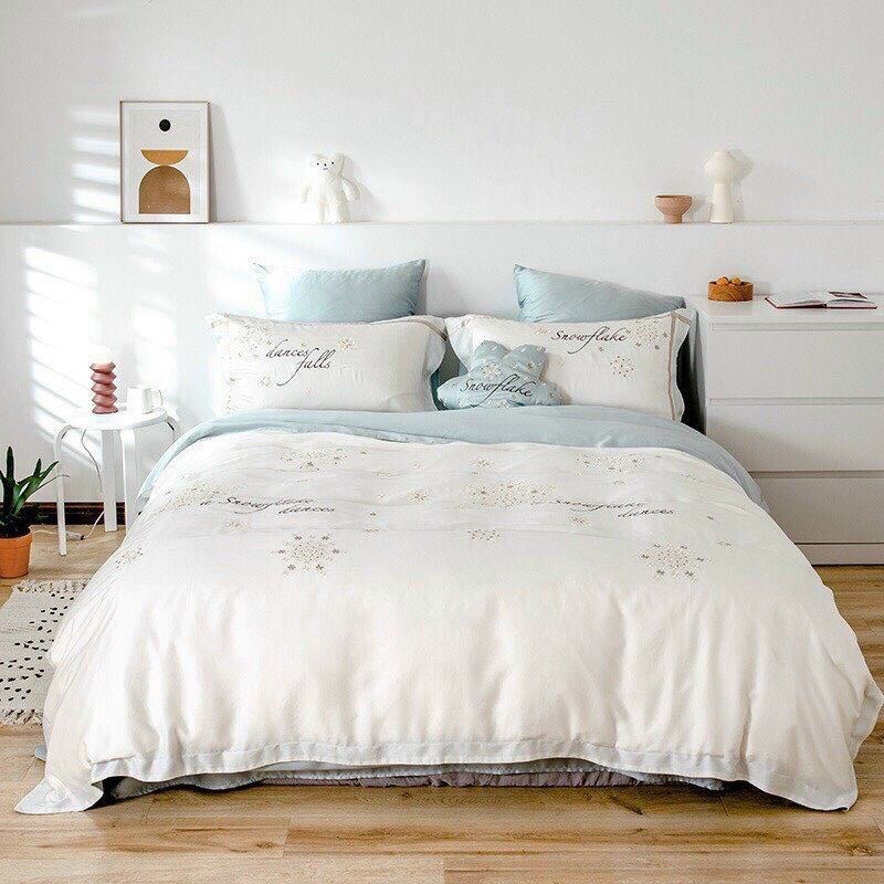 Set Chăn Ga Gối Tencel Snow Flake trắng 5 món