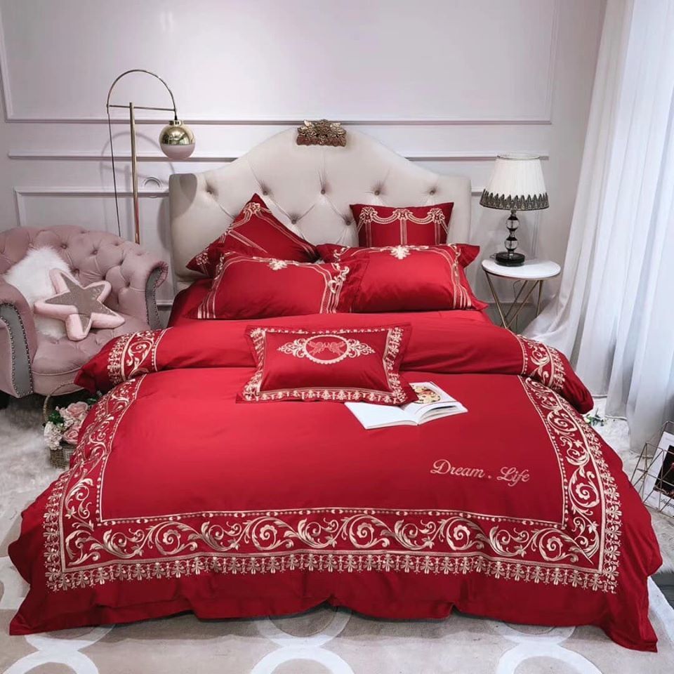 Set Chăn Ga Gối Lụa đỏ sang chảnh 7 món
