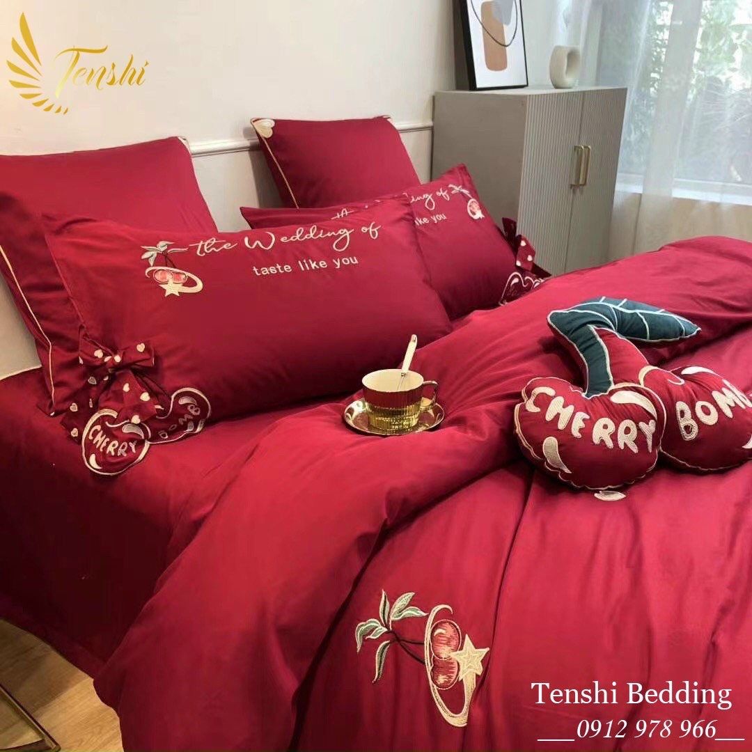 Set Chăn Ga Lụa Cherry đỏ 7m