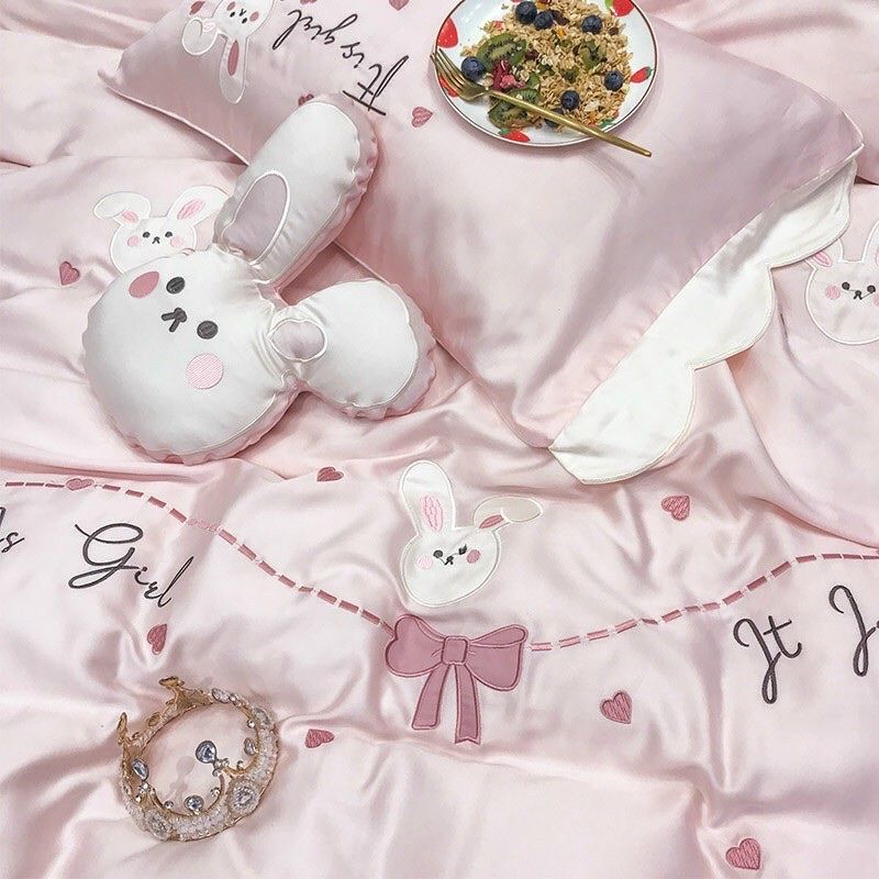 Set Chăn Ga Gối Tencel 80s Thỏ Hồng 7 món