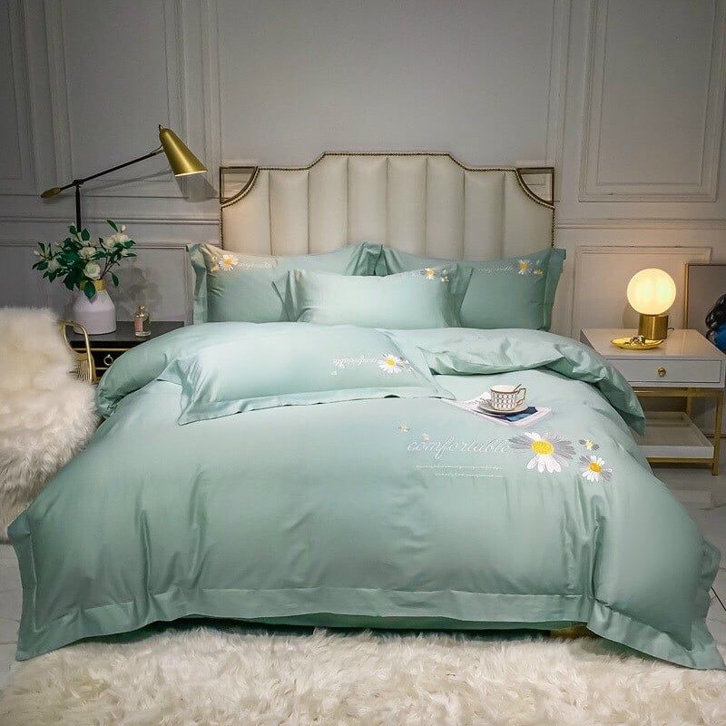 Set Chăn Ga Gối Cotton Lụa thêu Hoa Cúc