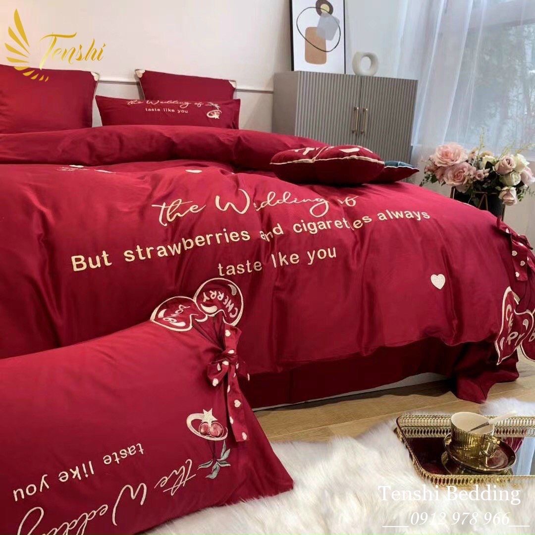 Set Chăn Ga Lụa Cherry đỏ 7m