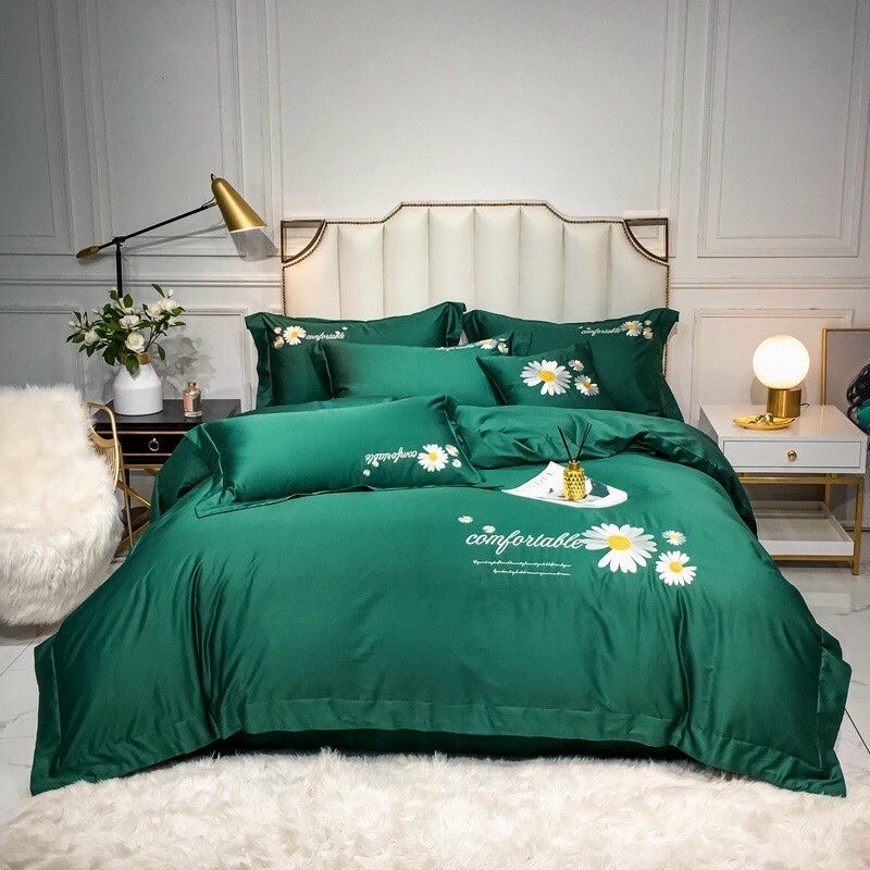 Set Chăn Ga Gối Cotton Lụa thêu Hoa Cúc