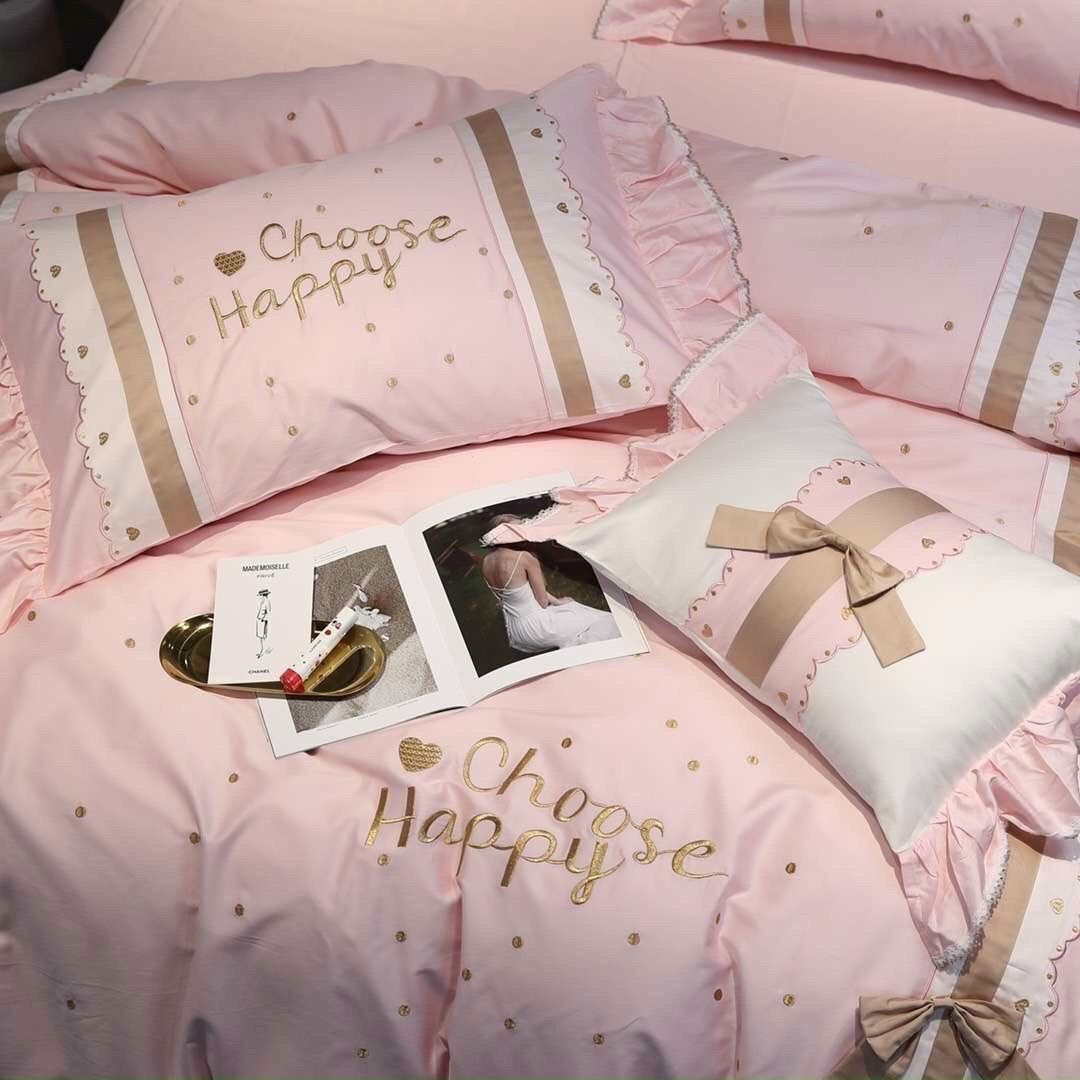 Set Chăn Ga Gối Lụa happy choose hồng công chúa 7 món