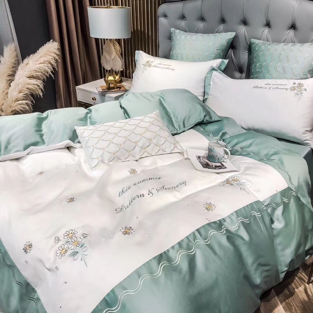 Set Chăn Ga Gối Lụa xanh Mint thêu hoa 4 món