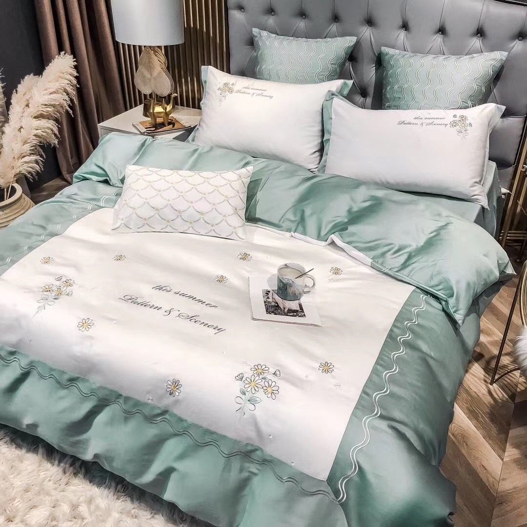 Set Chăn Ga Gối Lụa xanh Mint thêu hoa 4 món