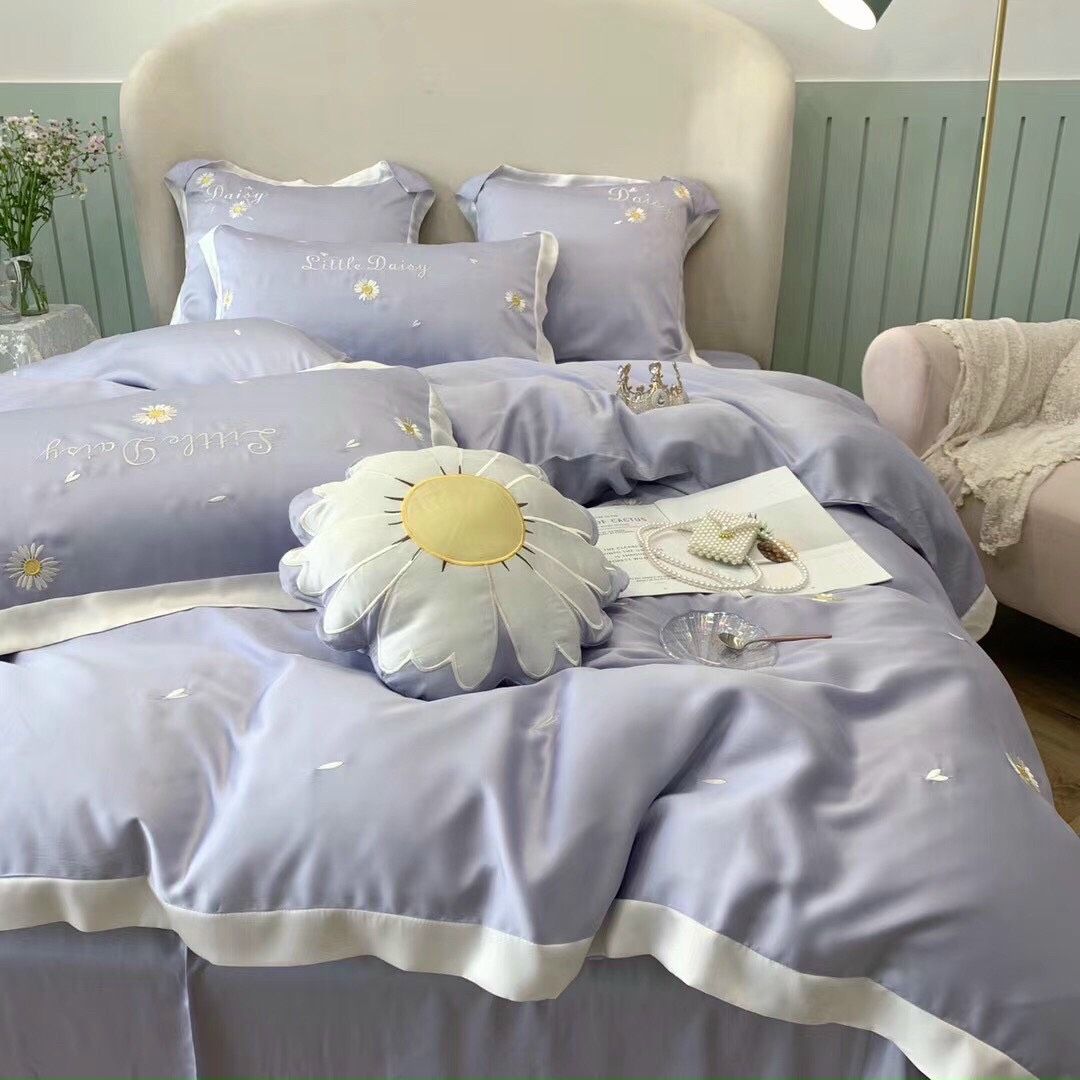 Set Chăn Ga Gối Tencel lụa thêu hoa cúc tím 5 món
