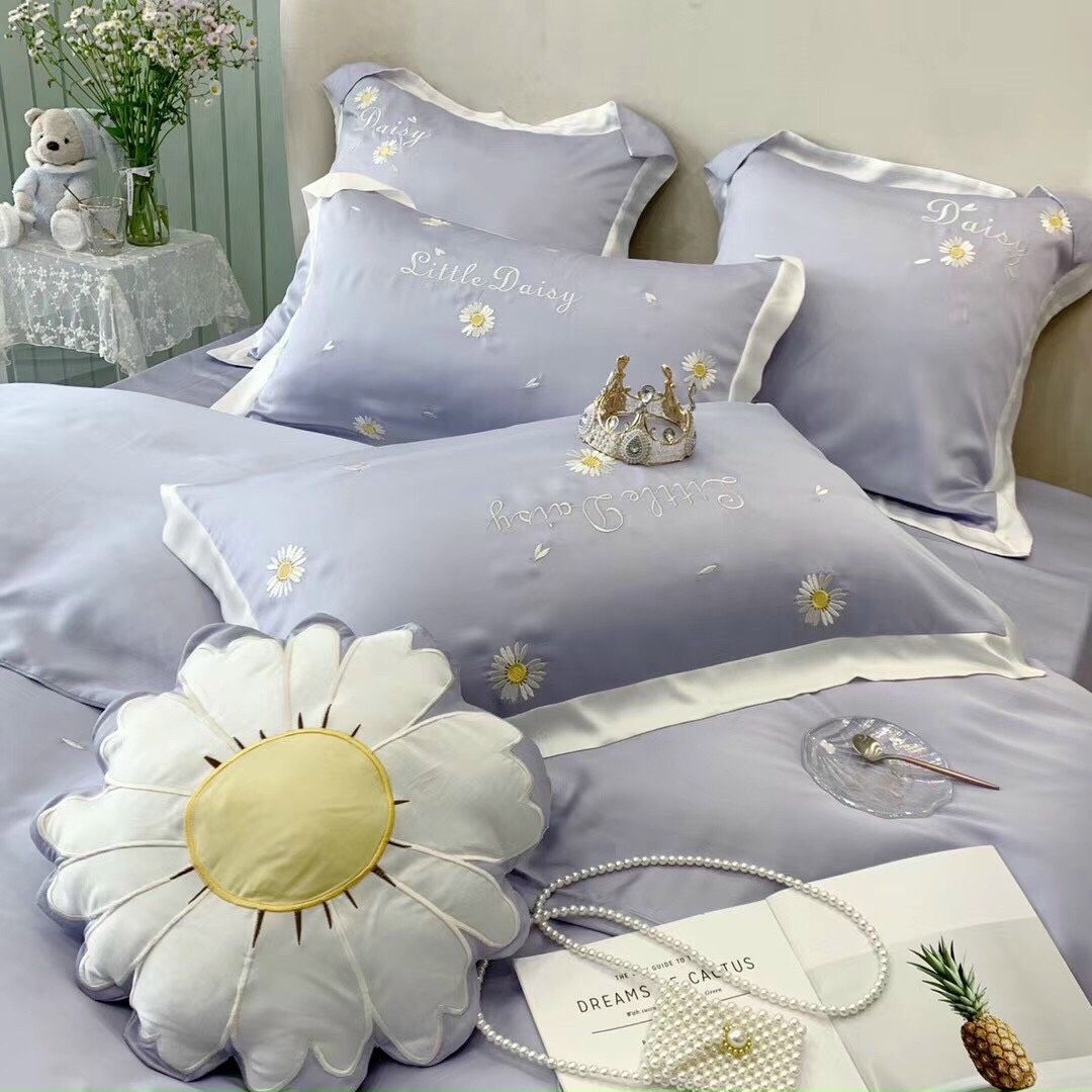 Set Chăn Ga Gối Tencel lụa thêu hoa cúc tím 5 món