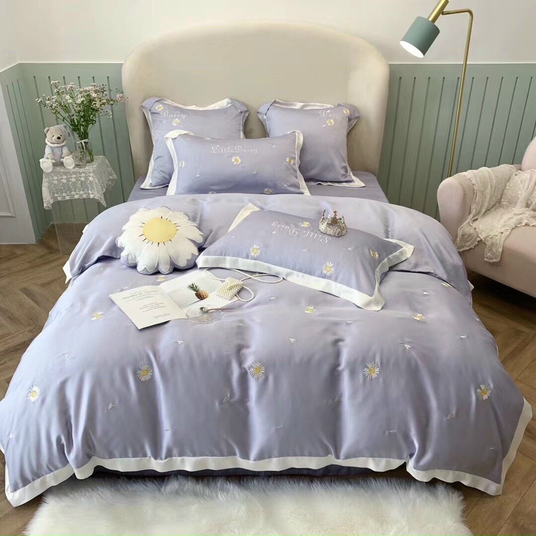 Set Chăn Ga Gối Tencel lụa thêu hoa cúc tím 5 món