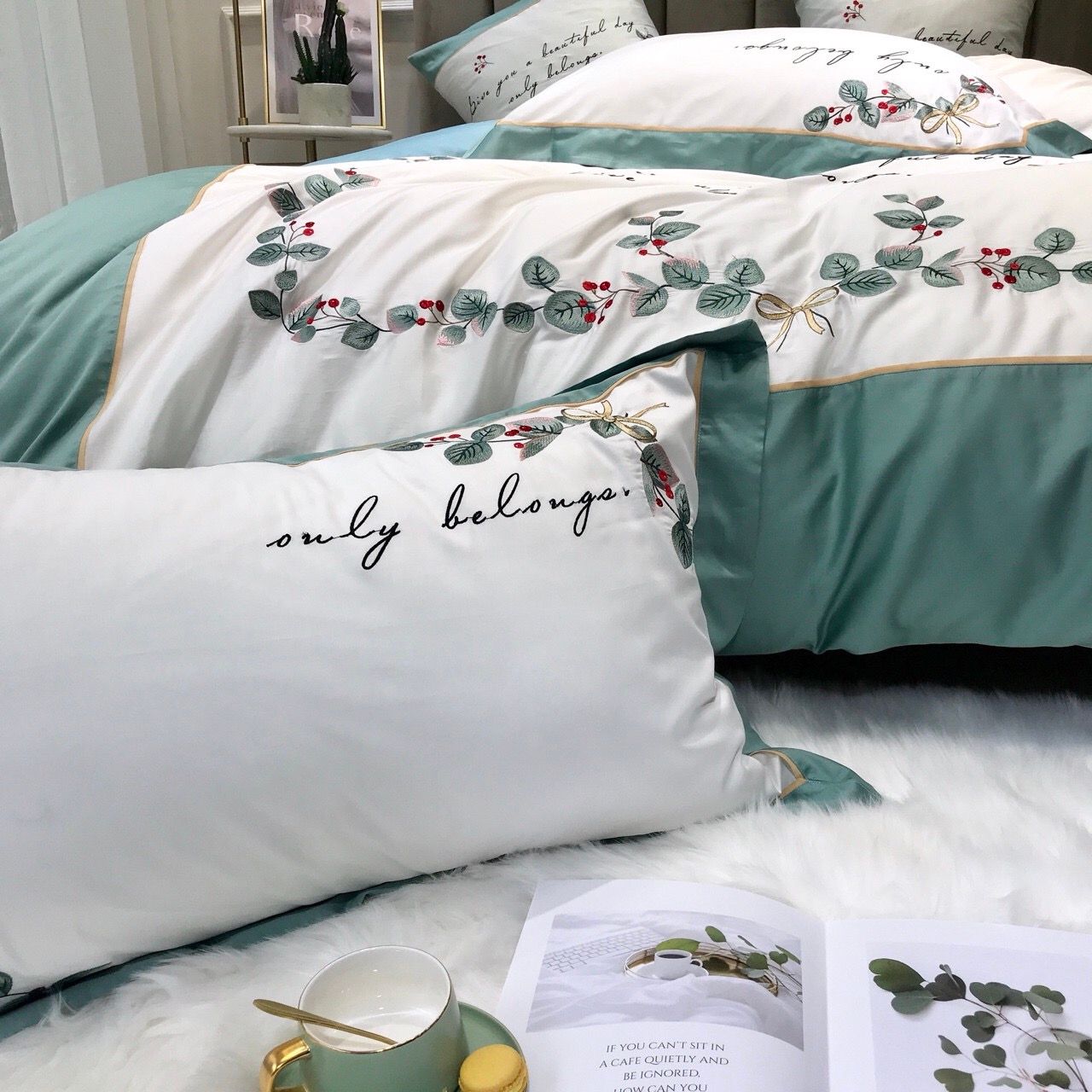 Set Chăn Ga Cưới Dây Bạc Hà Xanh 6M
